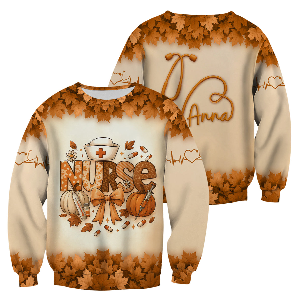 Fall Leaves Nurse Scrub Top with Pumpkins - Personalized Autumn Shirt with Custom Name - Cute Thanksgiving Gift for RN CNA LPN