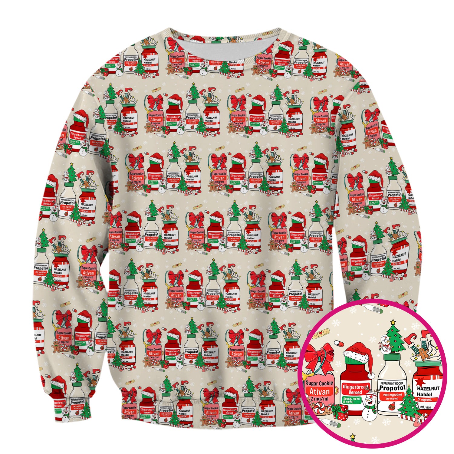 Funny Christmas Medication Scrub Top – Festive Holiday Pharma Bottles Pattern – Playful Medical Uniform for Nurses, Pharmacists & Healthcare Workers