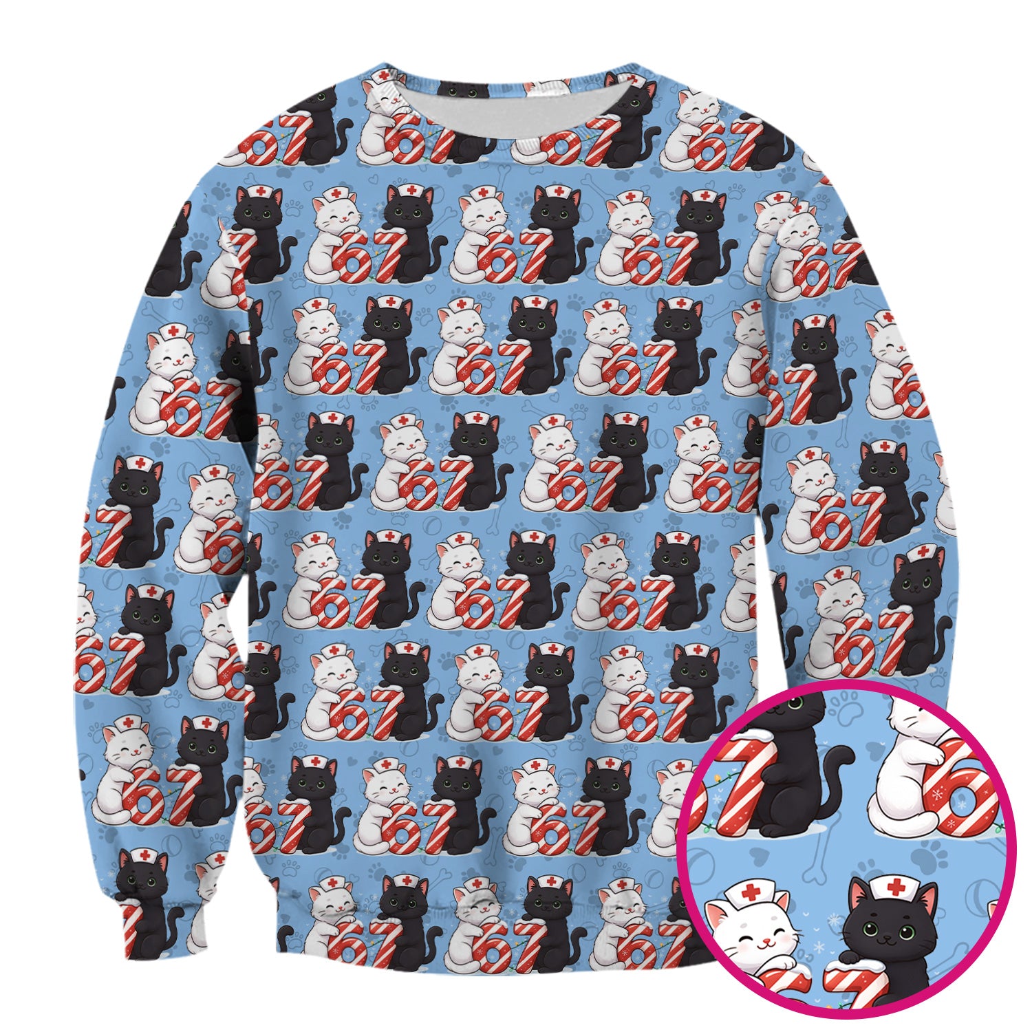 Xmas Cat Pattern Scrub Top, Christmas Nurse Six Seven With Cat Scrub Shirt, Breathable Fabrics Nursing Uniform