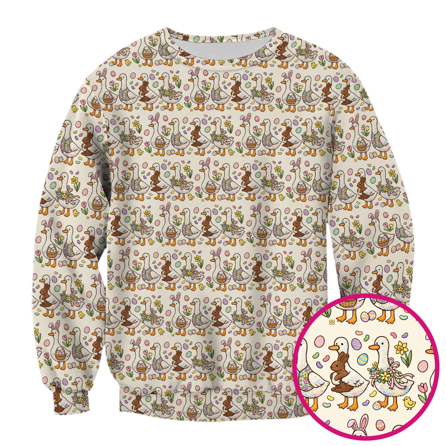 Easter Theme Duck and Bunny Egg Floral Print Scrub Top, Comfortable Scrubs for Nurses