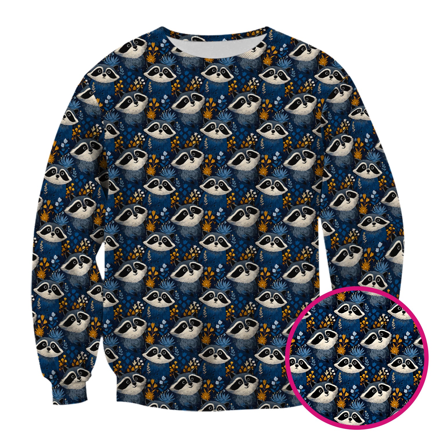 Raccoon With Blue Floral Forest Pattern Scrub Top, Breathable Fabrics Nursing Uniform