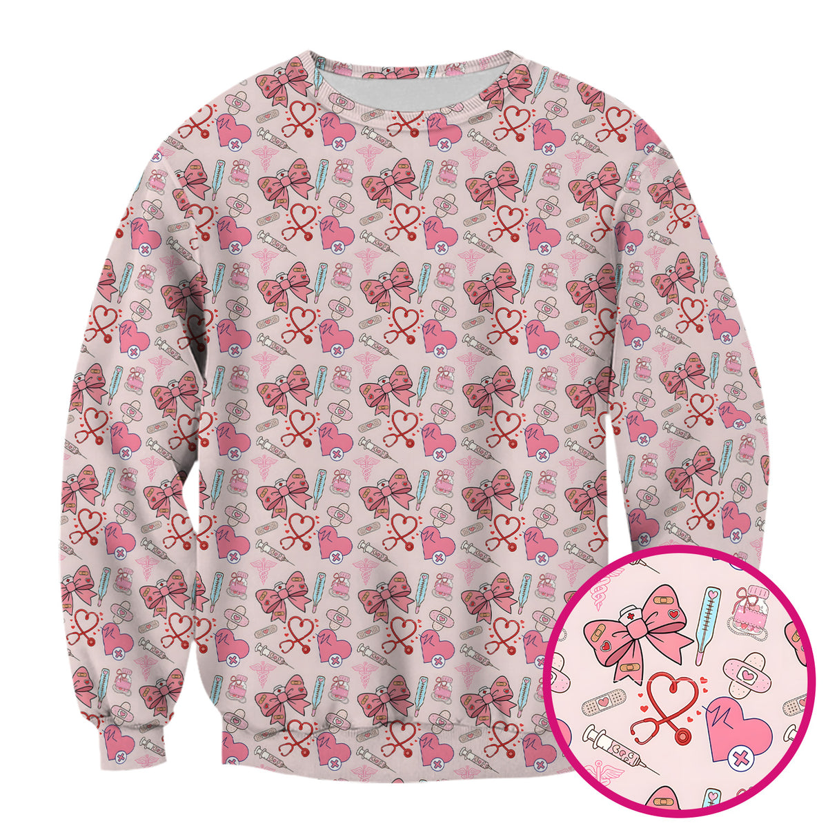 Pink Nurse Bow Heart Print Scrub Top, Comfortable Scrubs for Nurses