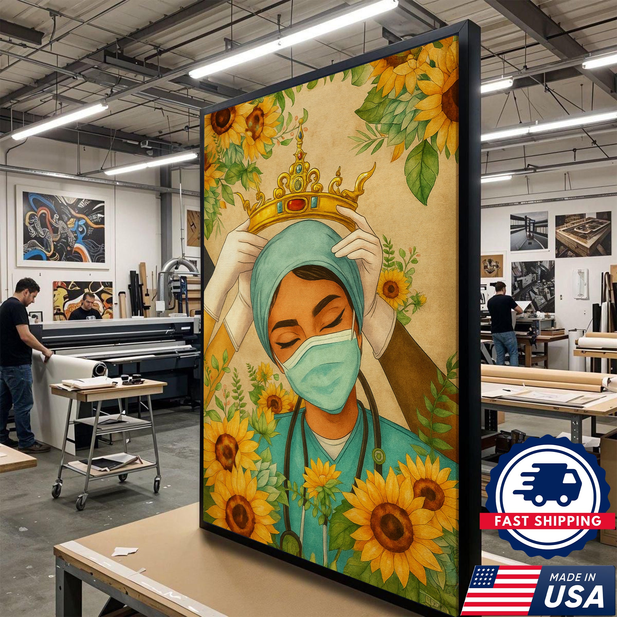 Nurse Crown Canvas Wall Art, Inspirational Healthcare Worker Gift, Sunflower Medical Office Home Decor
