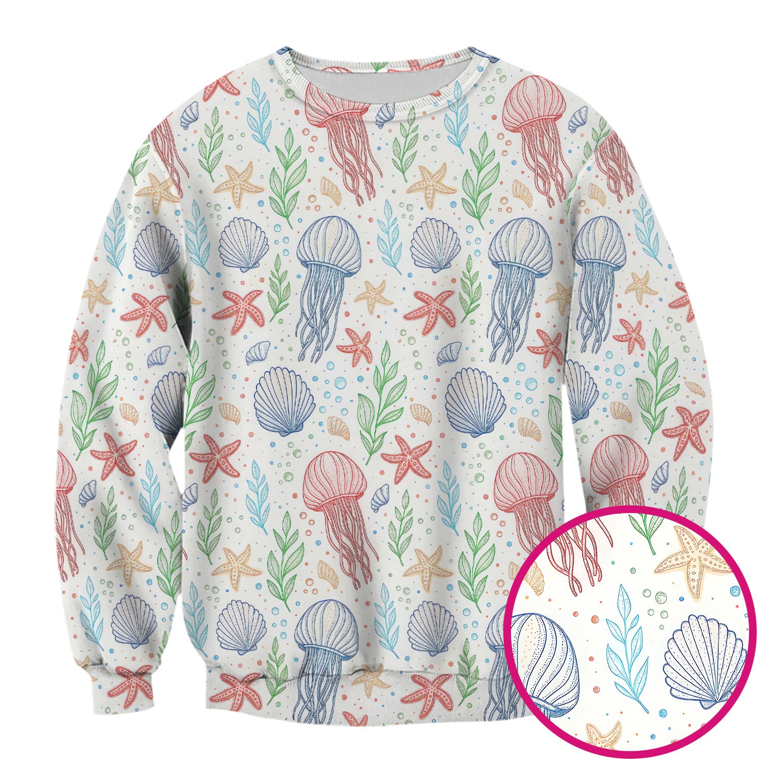 Ocean Jellyfish Starfish Seashell Pattern Scrubs Top, Comfortable Scrubs for Nurses