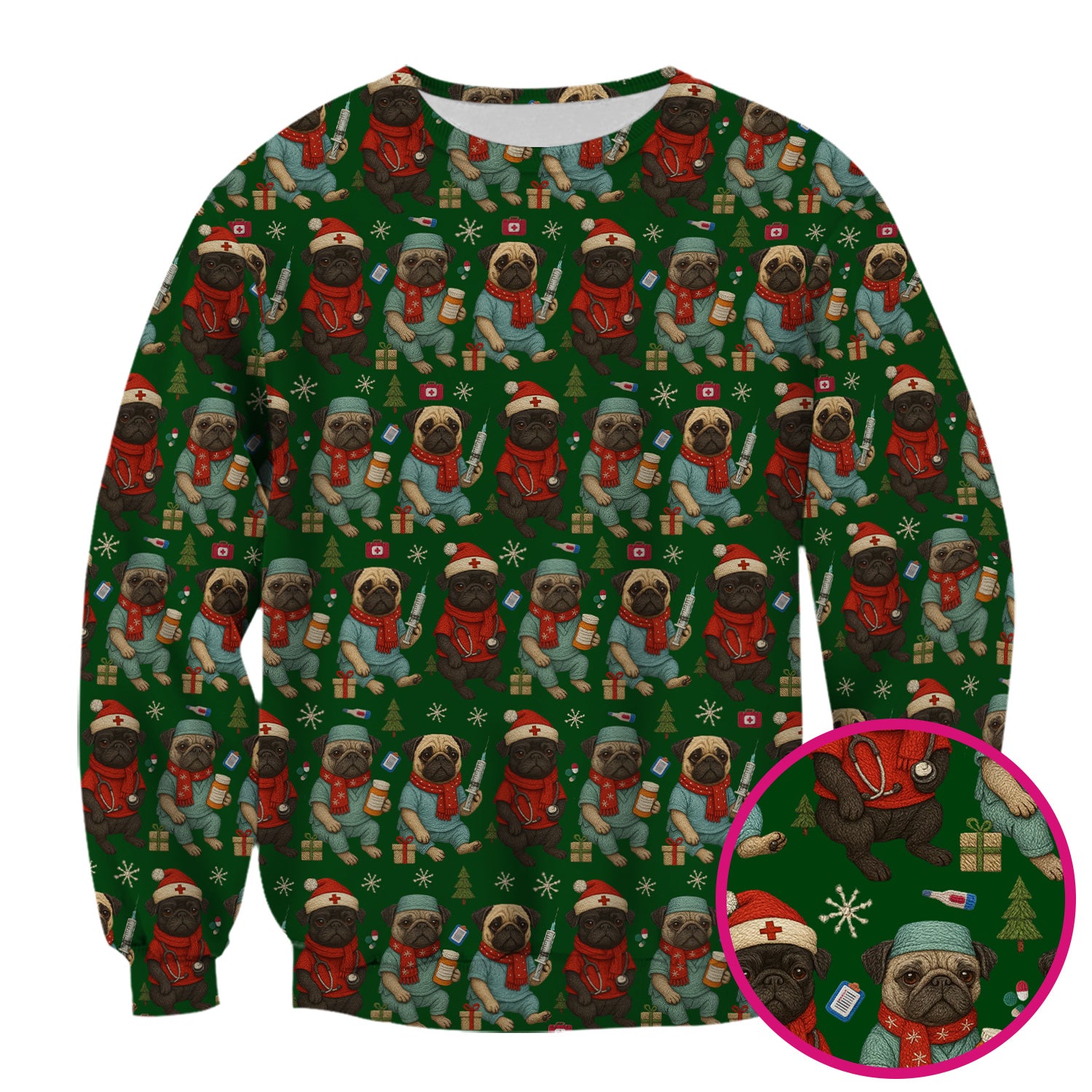 Christmas Pug Nurse Scrub Top, Cute Holiday Dog Medical Uniform Shirt For Nursing