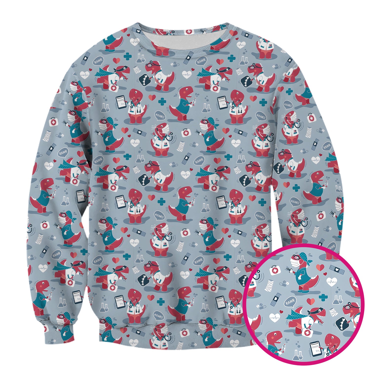 Cute Dinosaur Doctor Medical Pattern Scrub Top, Breathable Fabrics Nursing Uniform