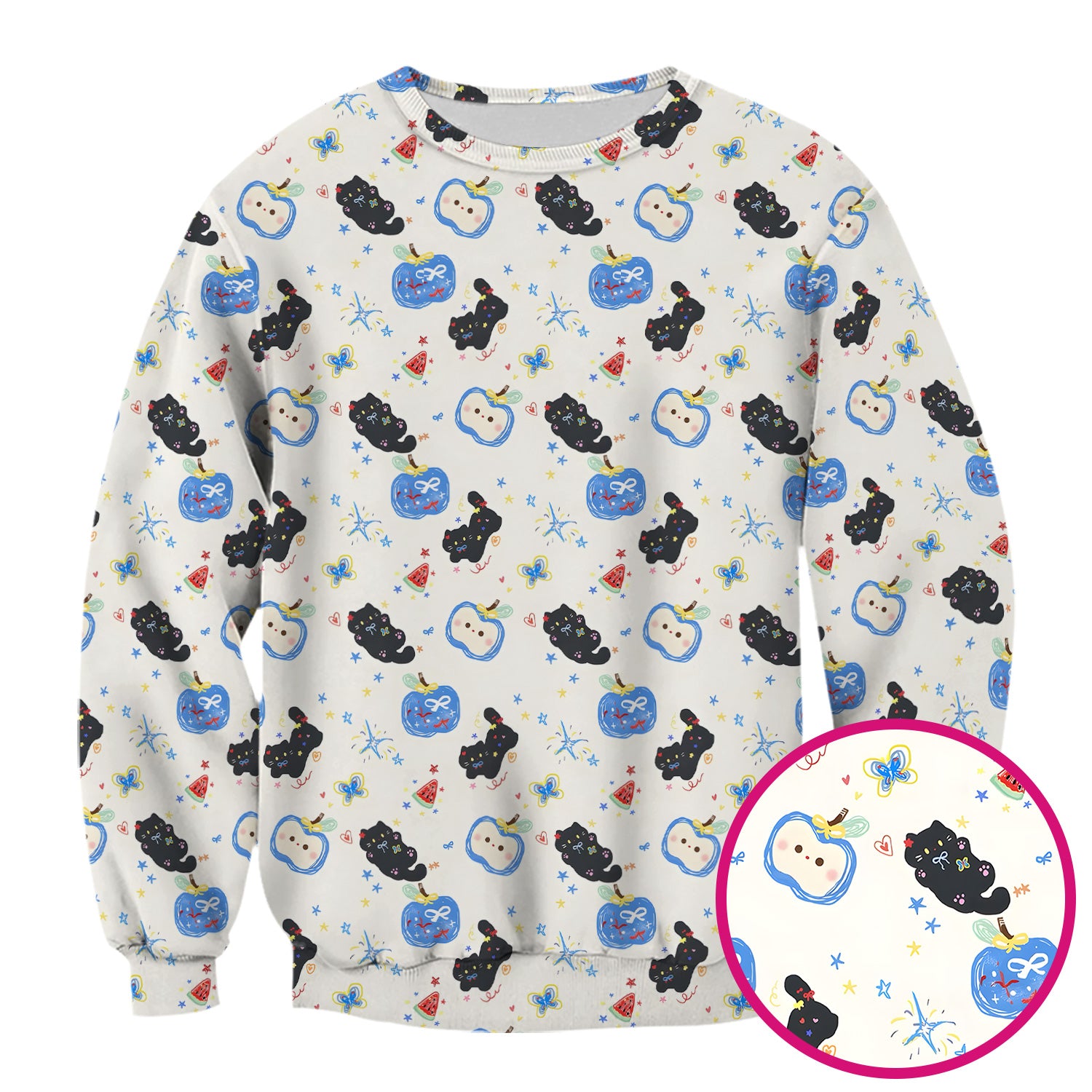 Cute Black Cat and Apple Print V Neck Scrub Top for Nurses