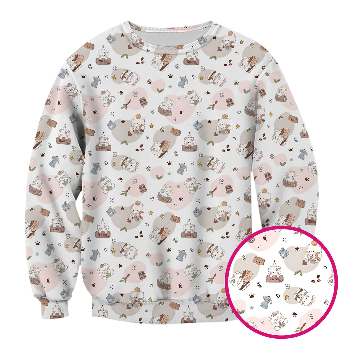 Cute Cat With Coffee Paw Heart Pattern Scrub Top, Comfortable Scrubs for Nurses