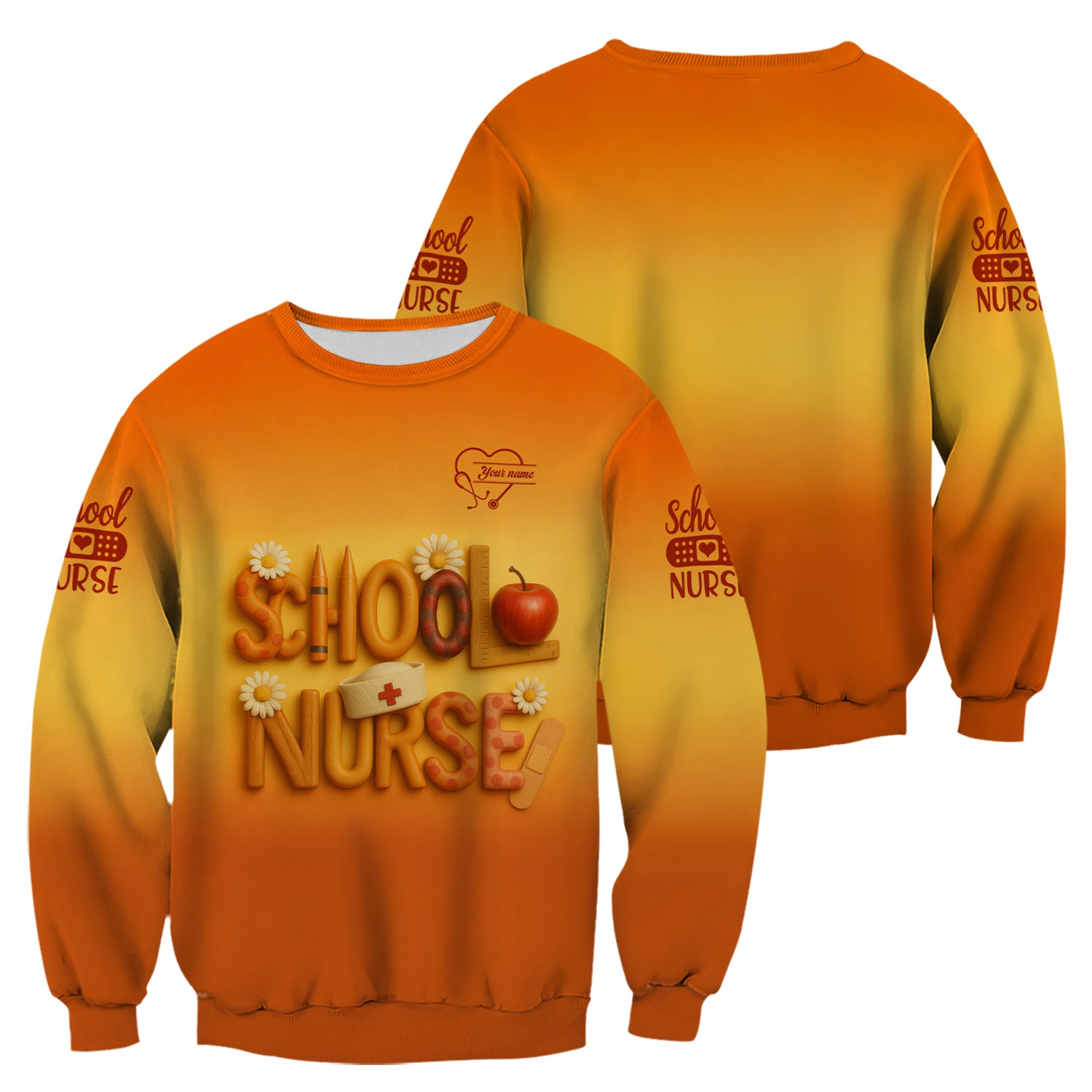 Custom School Nurse Scrub Top - Cute Apple Pencil Design with Bandages and Daisies - Back to School Gift for RN LPN Healthcare Workers