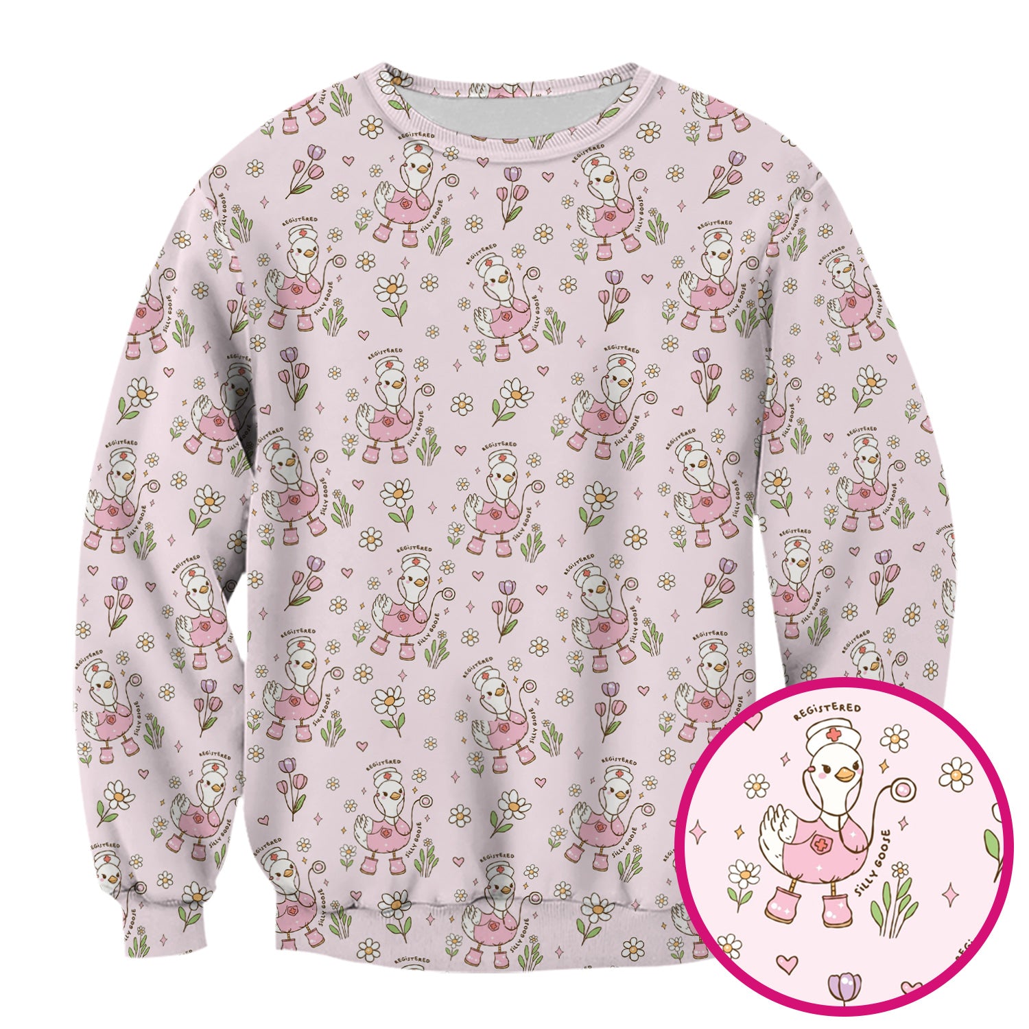 Funny Nurse Goose Daisy Print Scrub Top, Breathable Fabrics Nursing Uniform