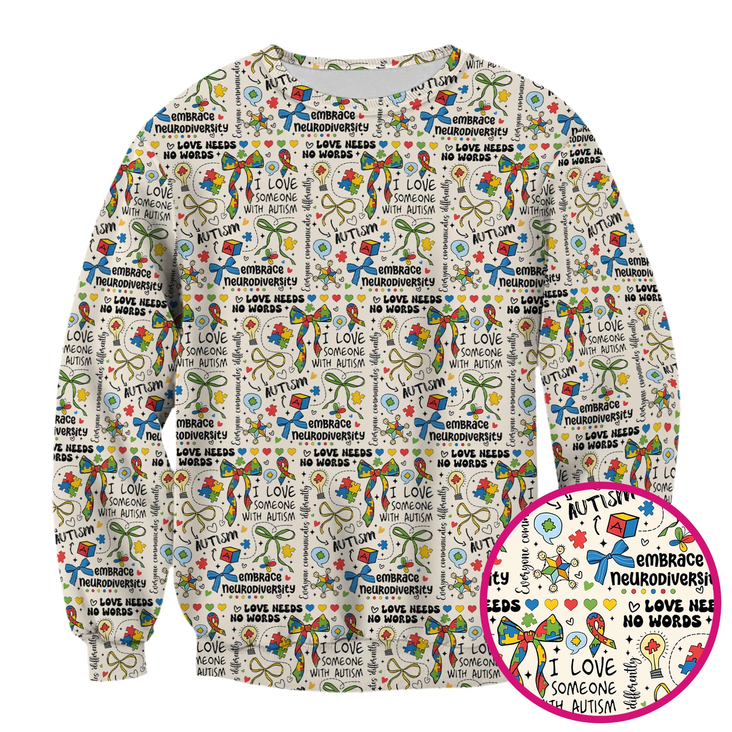 Autism Awareness Puzzle Ribbon Pattern Scrub Top, Breathable Fabrics Nursing Uniform