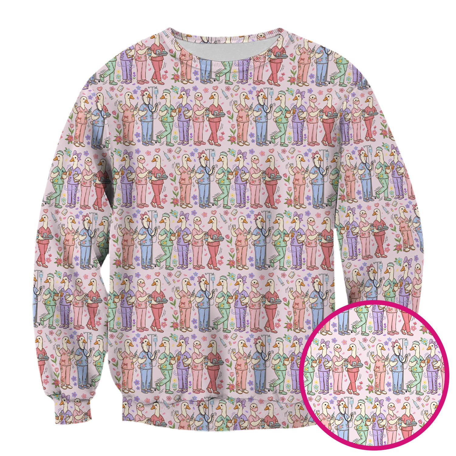 Goose Characters Floral Medical Team Uniform Pattern Scrub Top, Breathable Fabrics Nursing Uniform