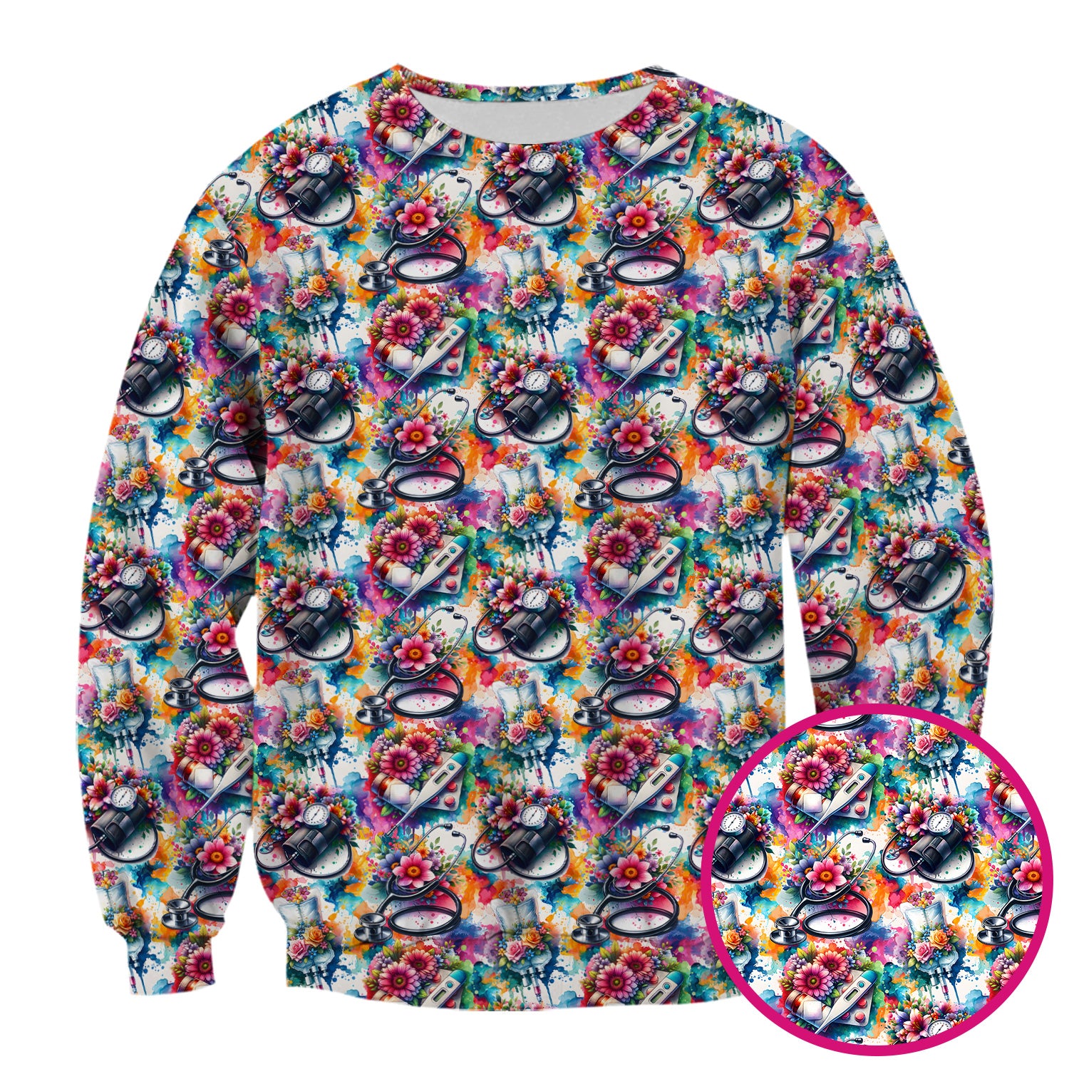 Colorful Medical Tools Floral Pattern Scrub Top, Comfortable Scrubs for Nurses