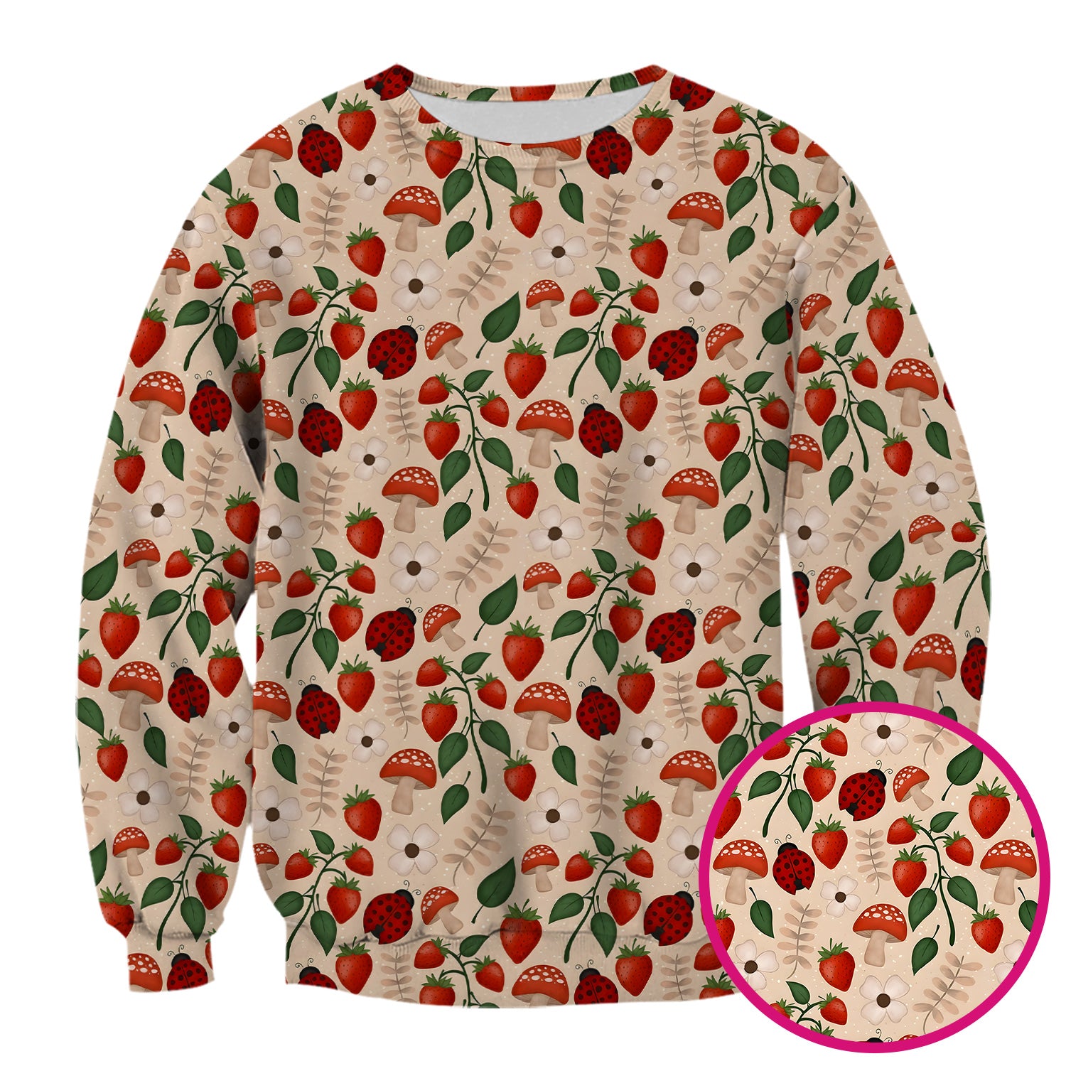 Strawberry Ladybug Mushroom Floral Scrub Top, Breathable Fabrics Nursing Uniform