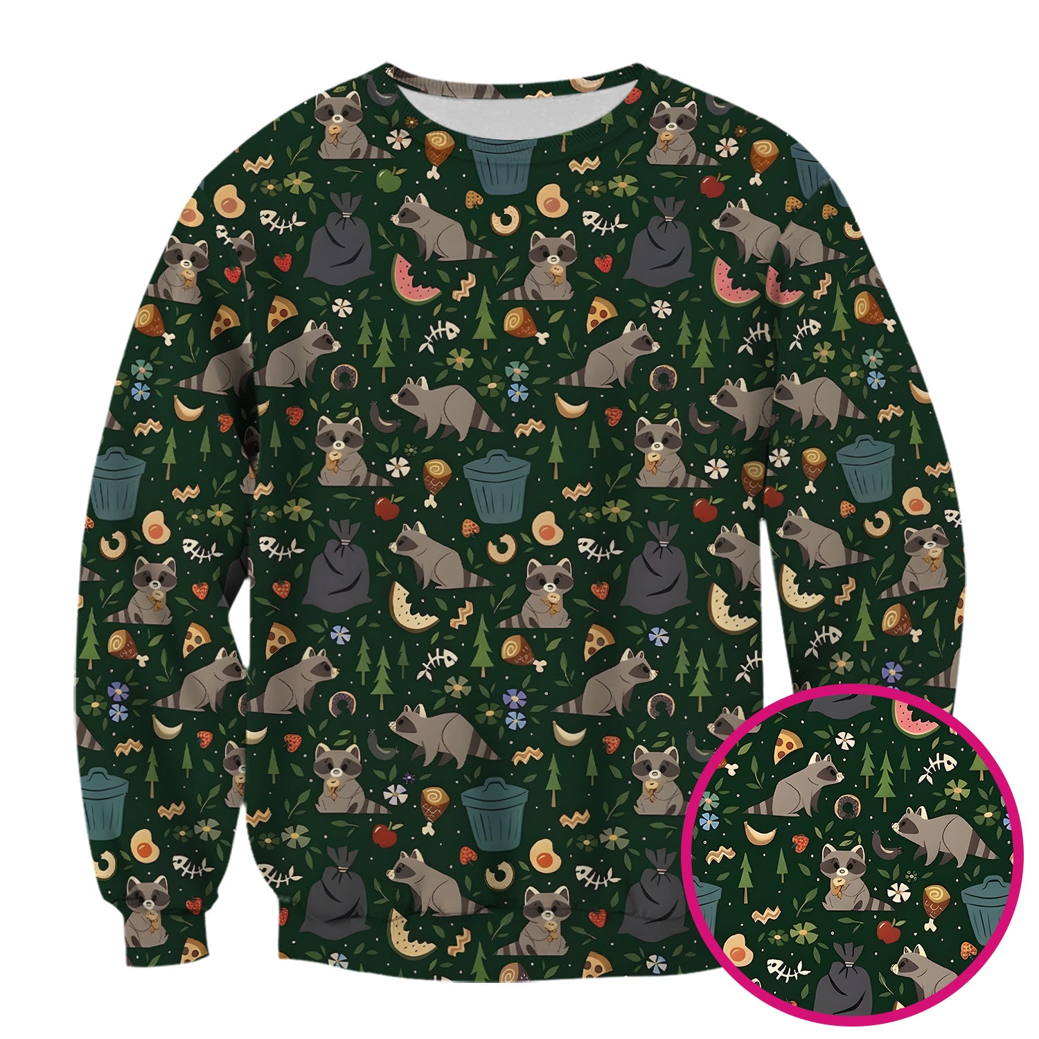 Cute Raccoon Forest Food Pattern Scrub Top, Breathable Fabrics Nursing Uniform
