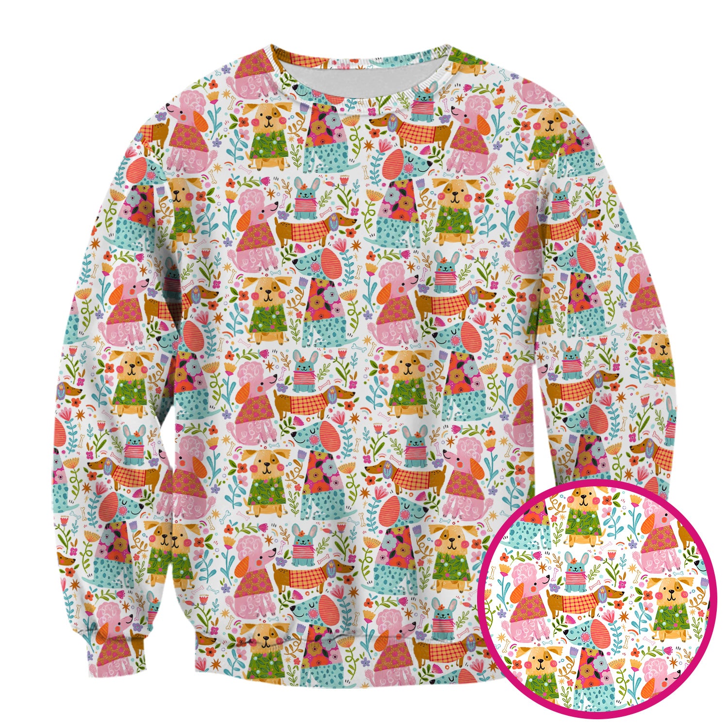 Cute Colorful Dog Floral Cartoon Pattern Scrub Top, Comfortable Scrubs For Nurses