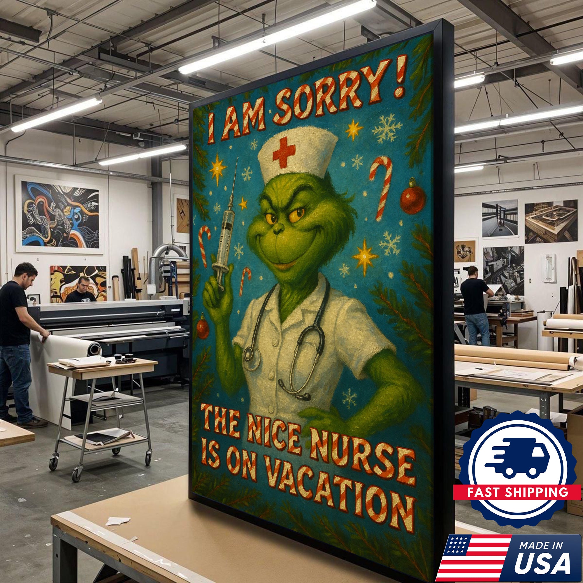 Funny Nurse Wall Art Canvas - Grinch Christmas Quote The Nice Nurse Is On Vacation - Humorous Gift for Nurses Made in USA