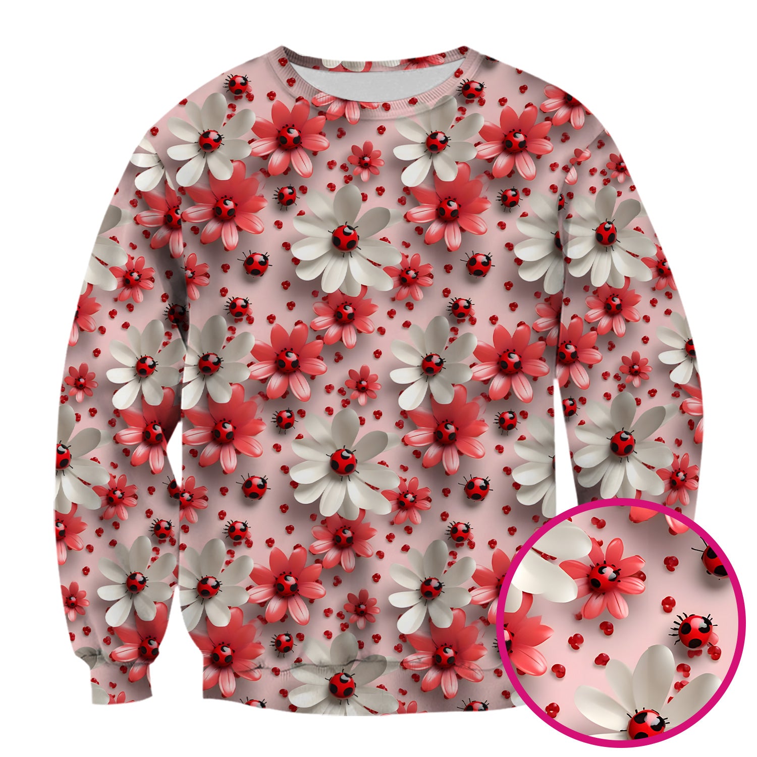 Red Ladybug Flower Pattern Scrub Top, Cute Spring Floral Nursing Uniform for Women