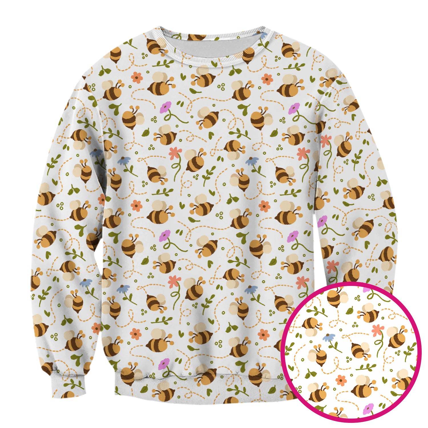 Bee Flying Floral Trail Garden Pattern Scrub Top, Breathable Fabrics Nursing Uniform