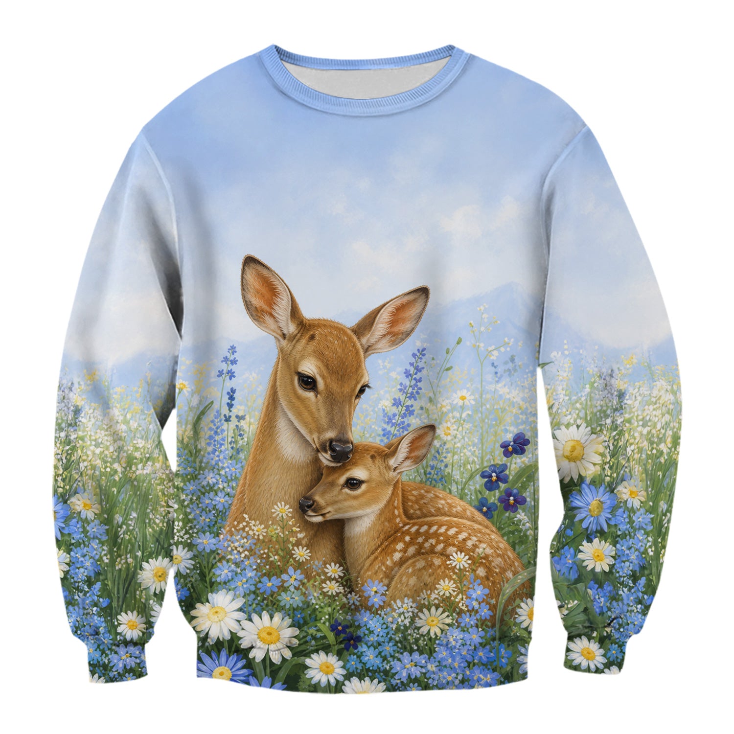 Cute Deer Mother Baby With Meadow Pattern Scrub Top, Comfortable Scrubs for Nurses