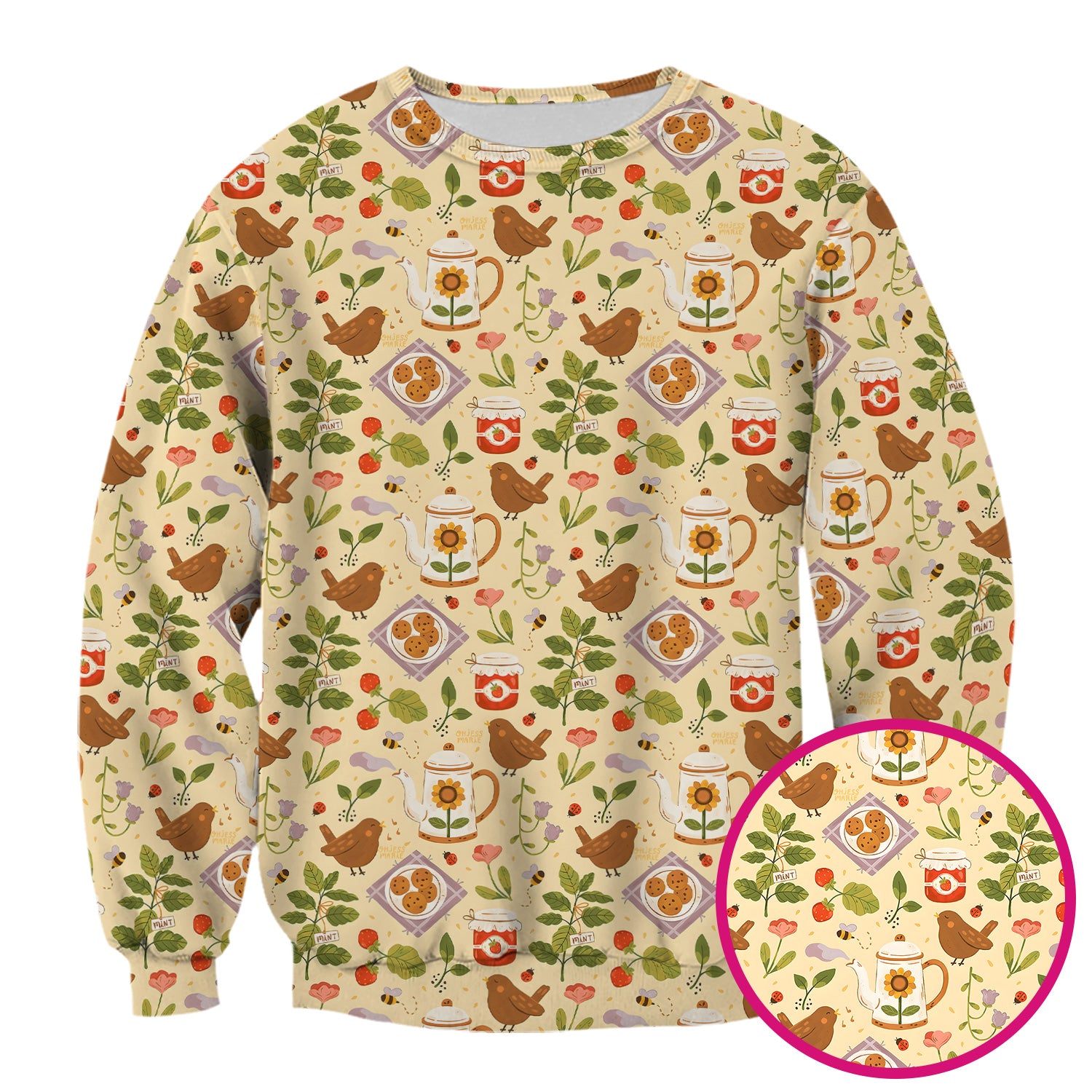 Cute Garden Tea Bird Strawberry Pattern Scrub Top, Comfortable Scrubs for Nurses