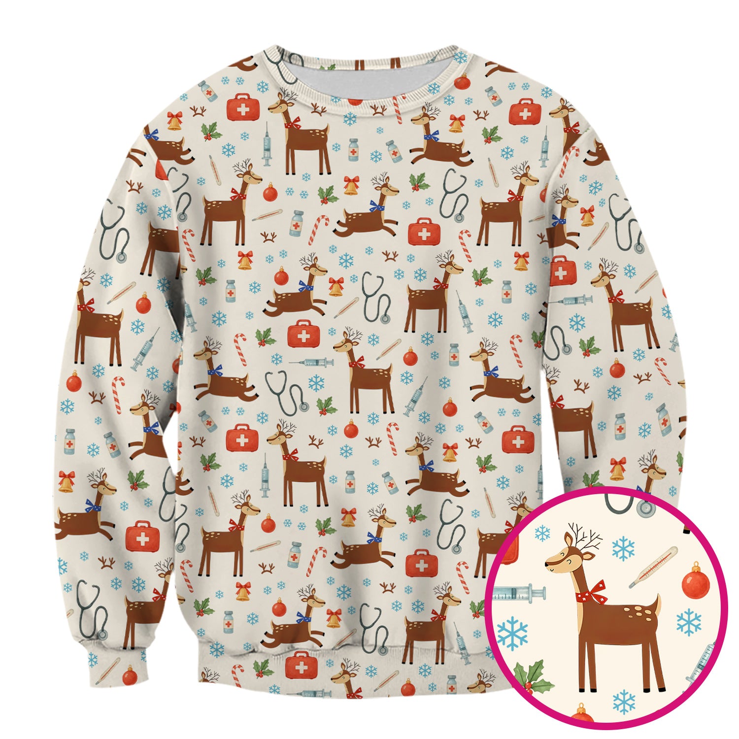 Reindeer Christmas Scrub Top - Snowflakes Candy Canes Holiday Medical Shirt - Xmas Scrubs for Women RN CNA LPN