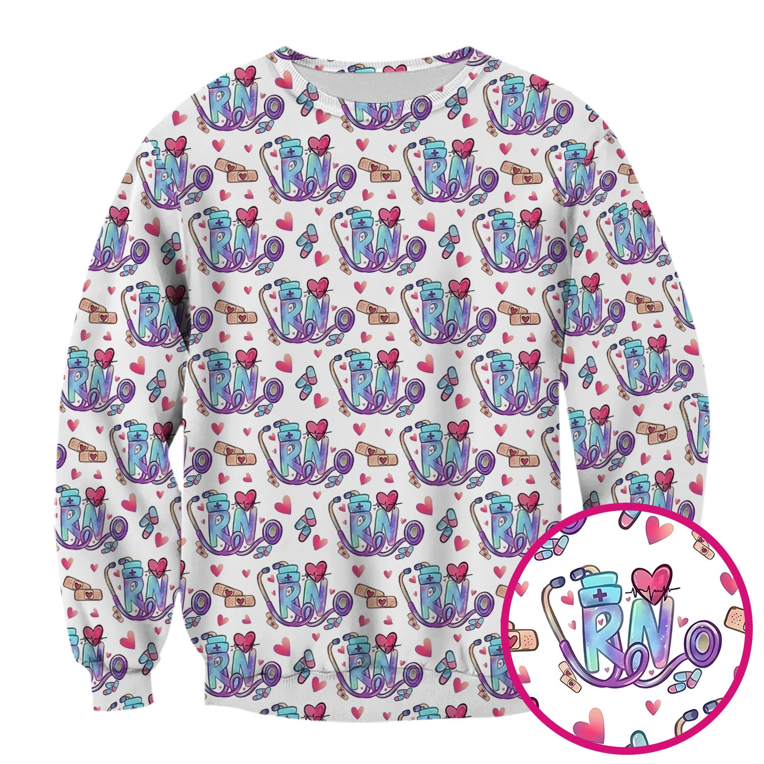Nurse Life RN Heart Pattern Scrub Top, Breathable Fabrics Nursing Uniform
