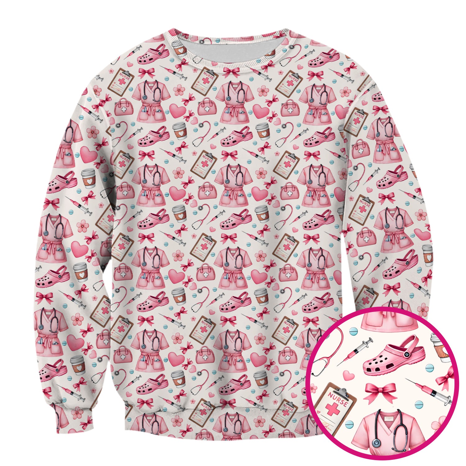 Valentine Pink Nurse Icons Print Scrub Top, Comfortable Scrubs for Nurses