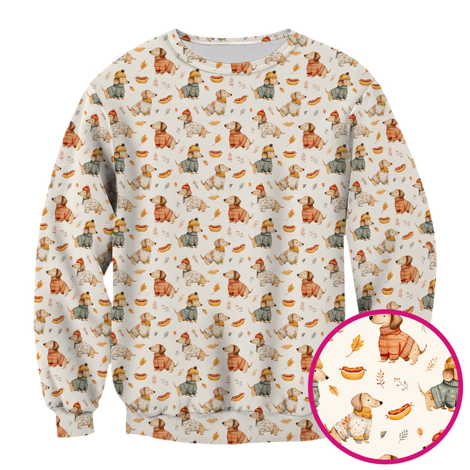 Autumn Dachshund Dog Sweater Print Scrub Top, Comfortable Scrubs for Nurses