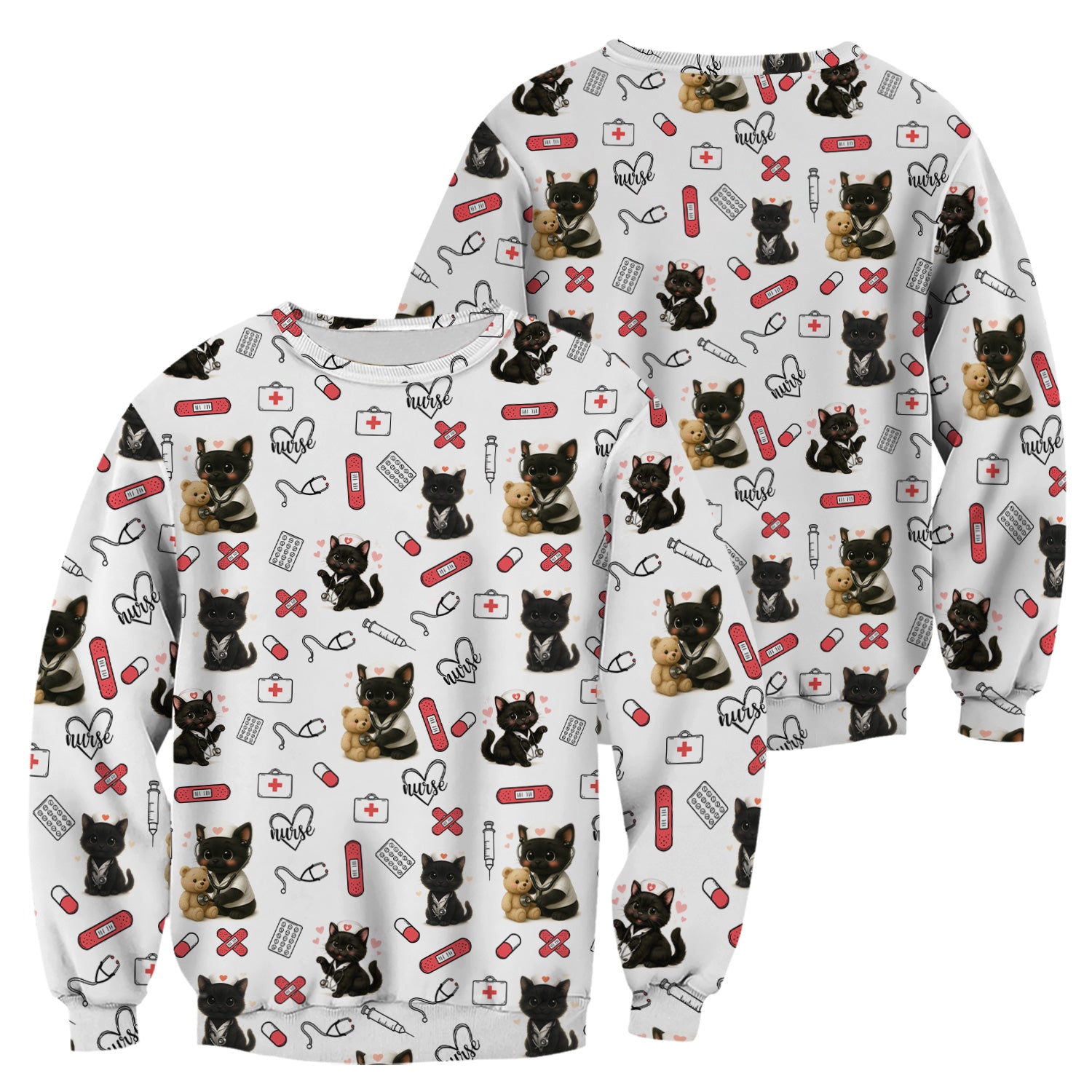Cute Black Cat Nurse Scrub Top for RN CNA LPN - Funny Kitty Medical Pattern Uniform - Gift for Cat Loving Healthcare Women