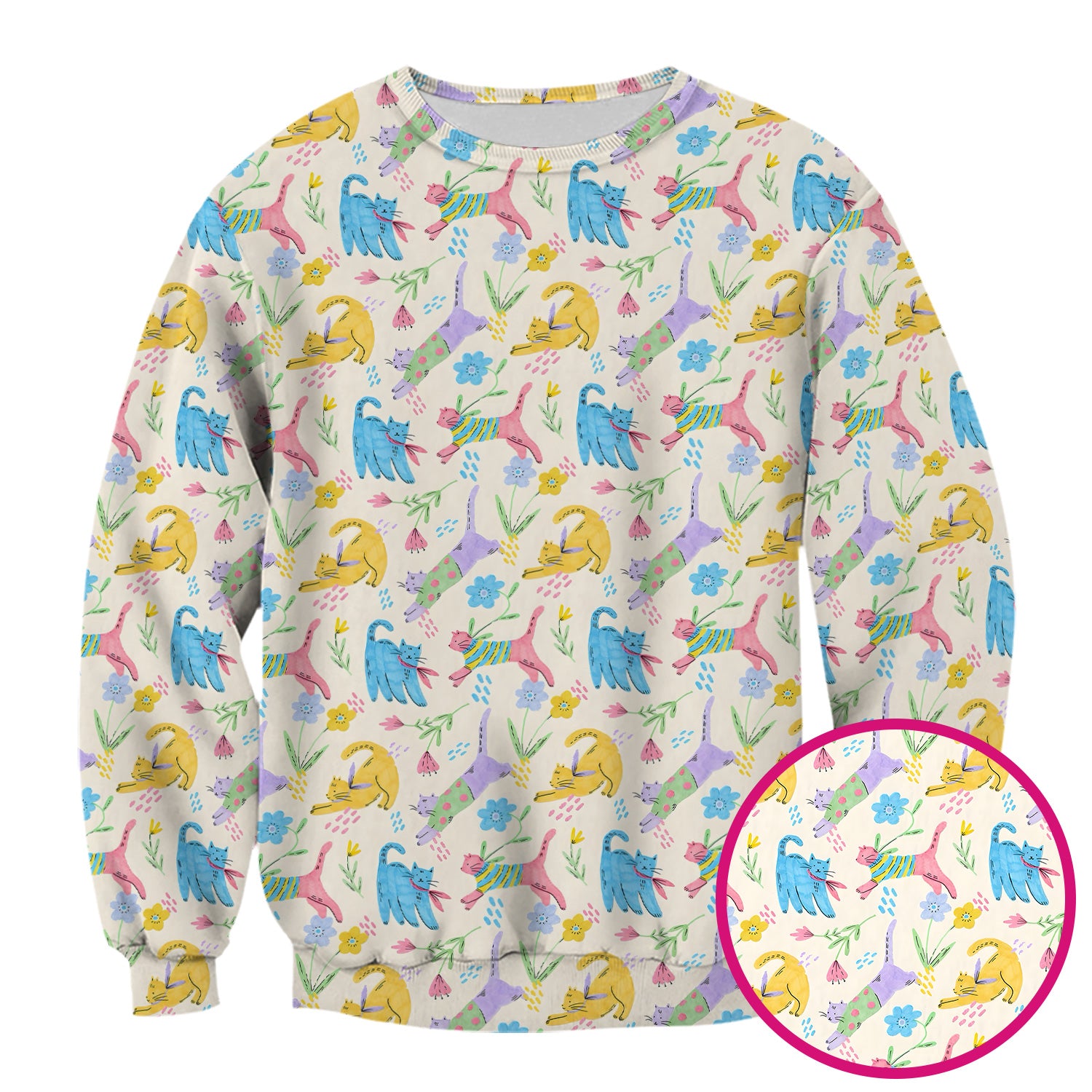 Cute Colorful Cat Floral Pattern Scrub Top, Comfortable Scrubs For Nurses