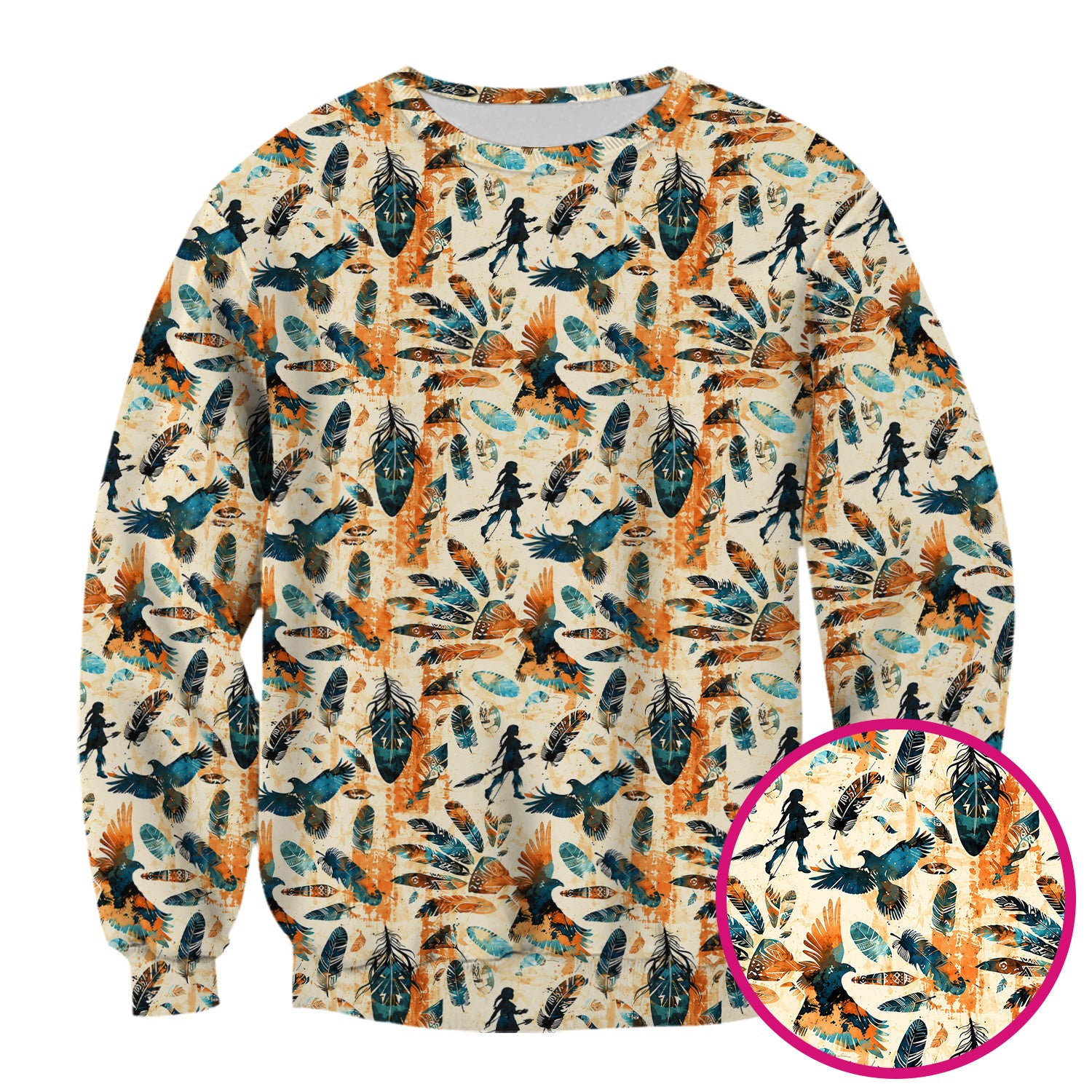 Feather Birds Tribal Print Scrub Top, Comfortable Scrubs for Nurses