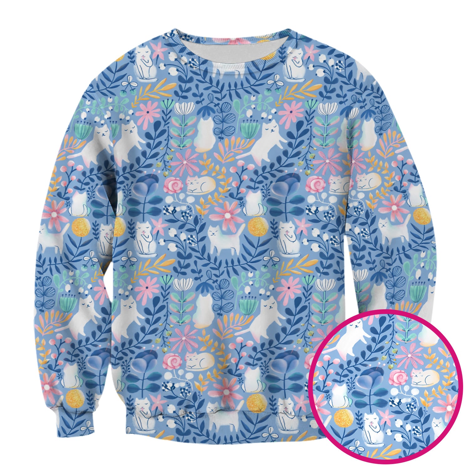 Whimsical Cat Floral Pattern Scrub Top, Breathable Fabrics Nursing Uniform