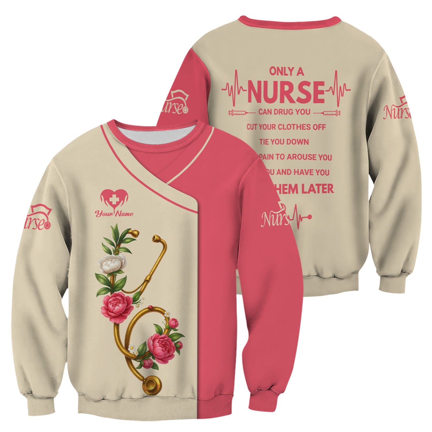 Personalized Nurse Shirt for Women - Pink Floral Stethoscope Design - Custom Name Gift for RN, CNA, LPN