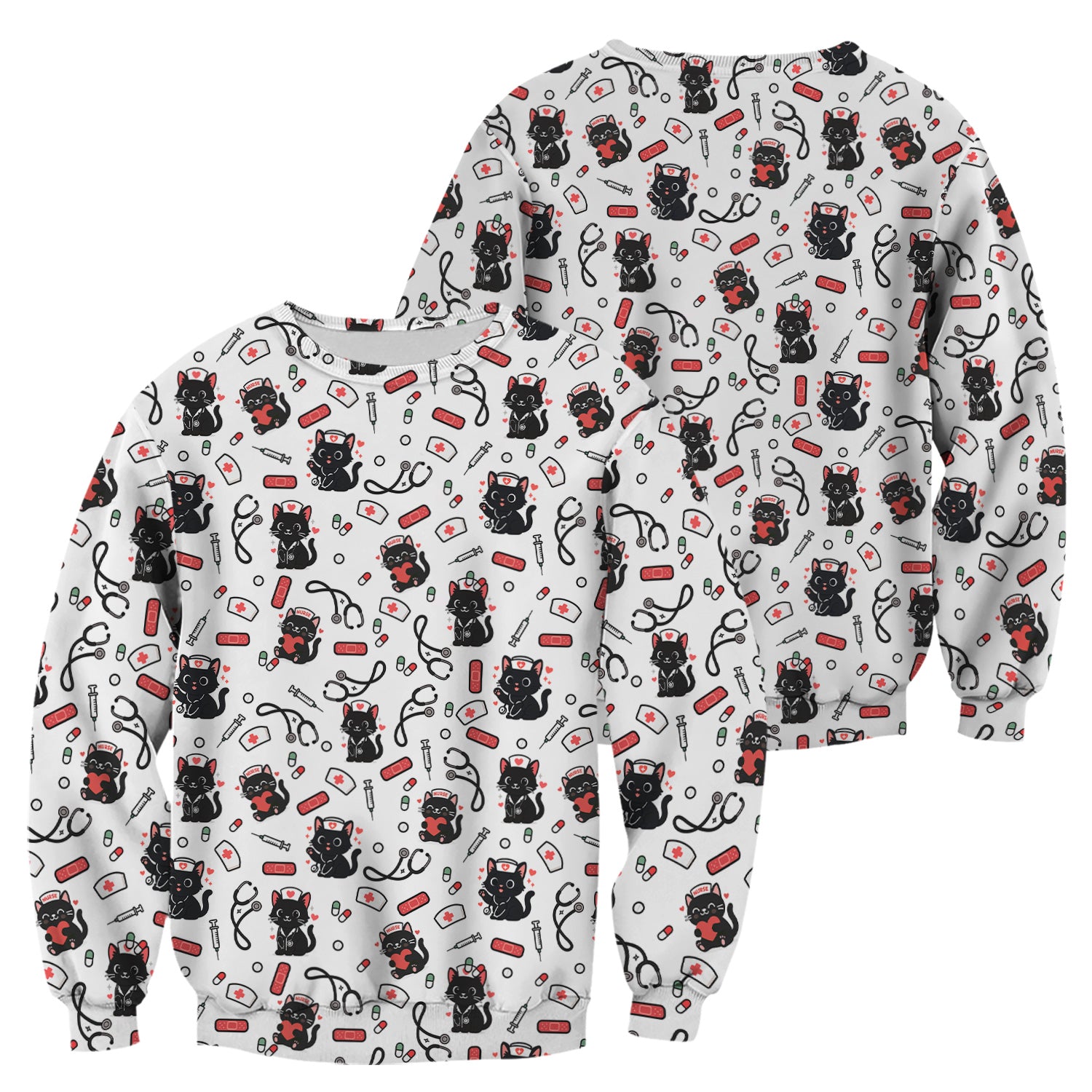 Cute Black Cat Nurse Scrub Top for Women - Medical Uniform Shirt with Stethoscope & Pill Print - Gift for CNA, LPN, Medical Worker