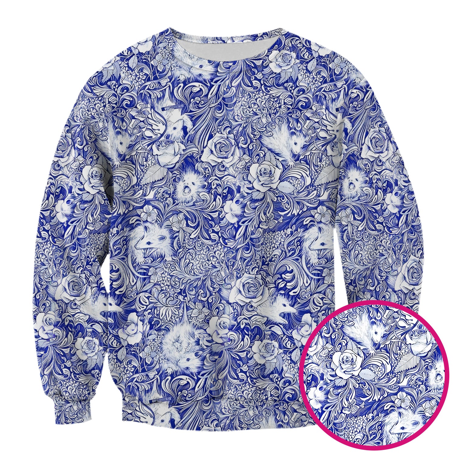 Blue Toile Porcupine Floral Pattern Scrub Top for Women, Breathable Nursing Uniform