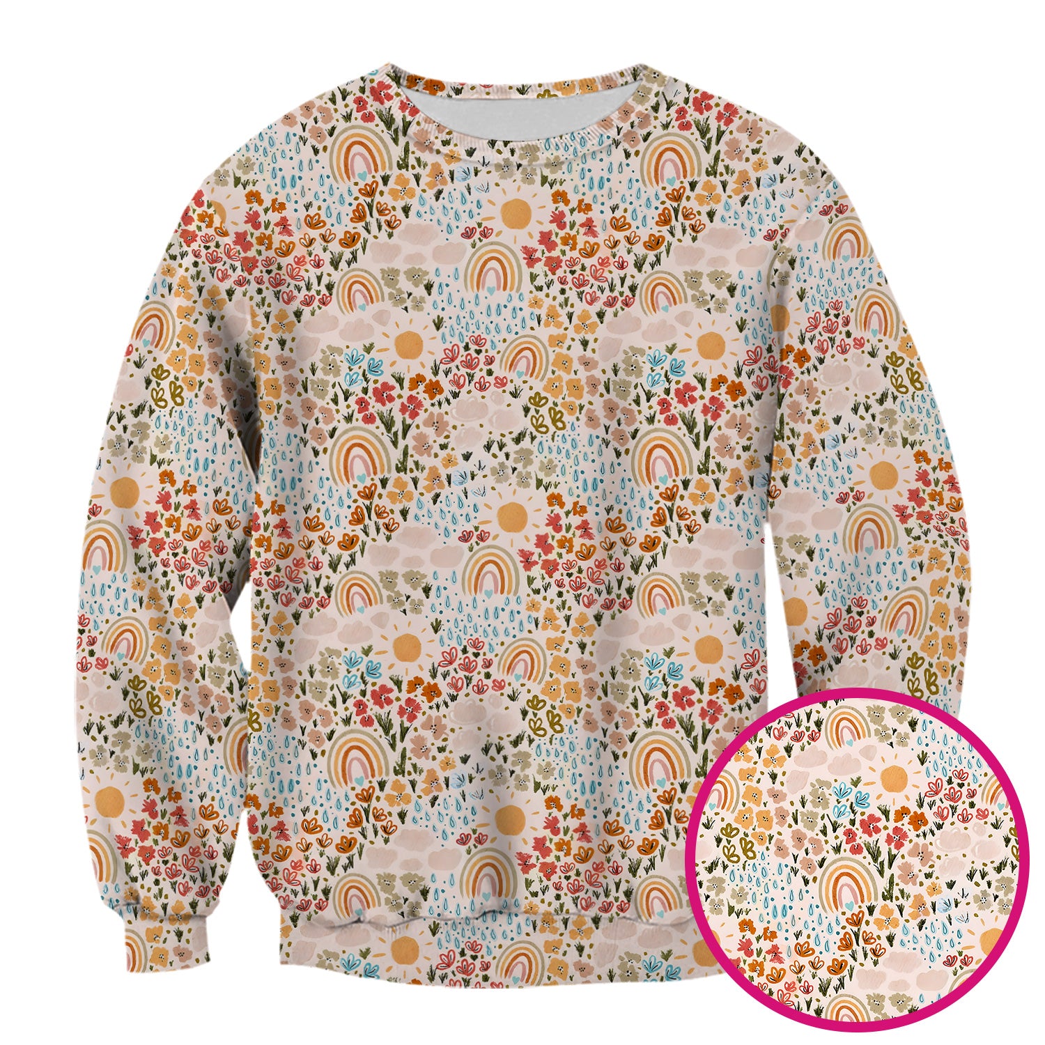 Cute Wildflower Meadow With Rainbow Sun And Raindrops Scrub Top, Comfortable Scrubs for Nurses