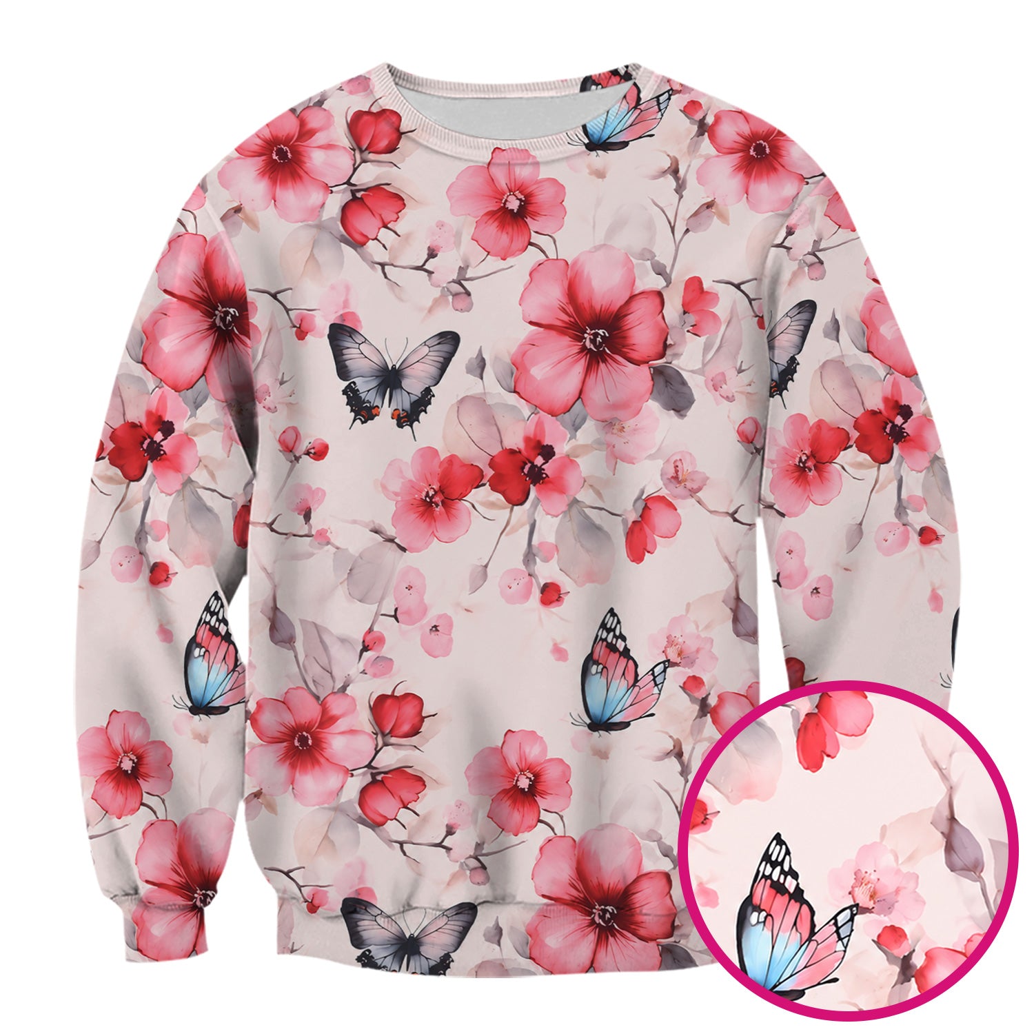 Pink Butterfly Blossom Pattern Scrub Top, Comfortable Scrubs for Nurses