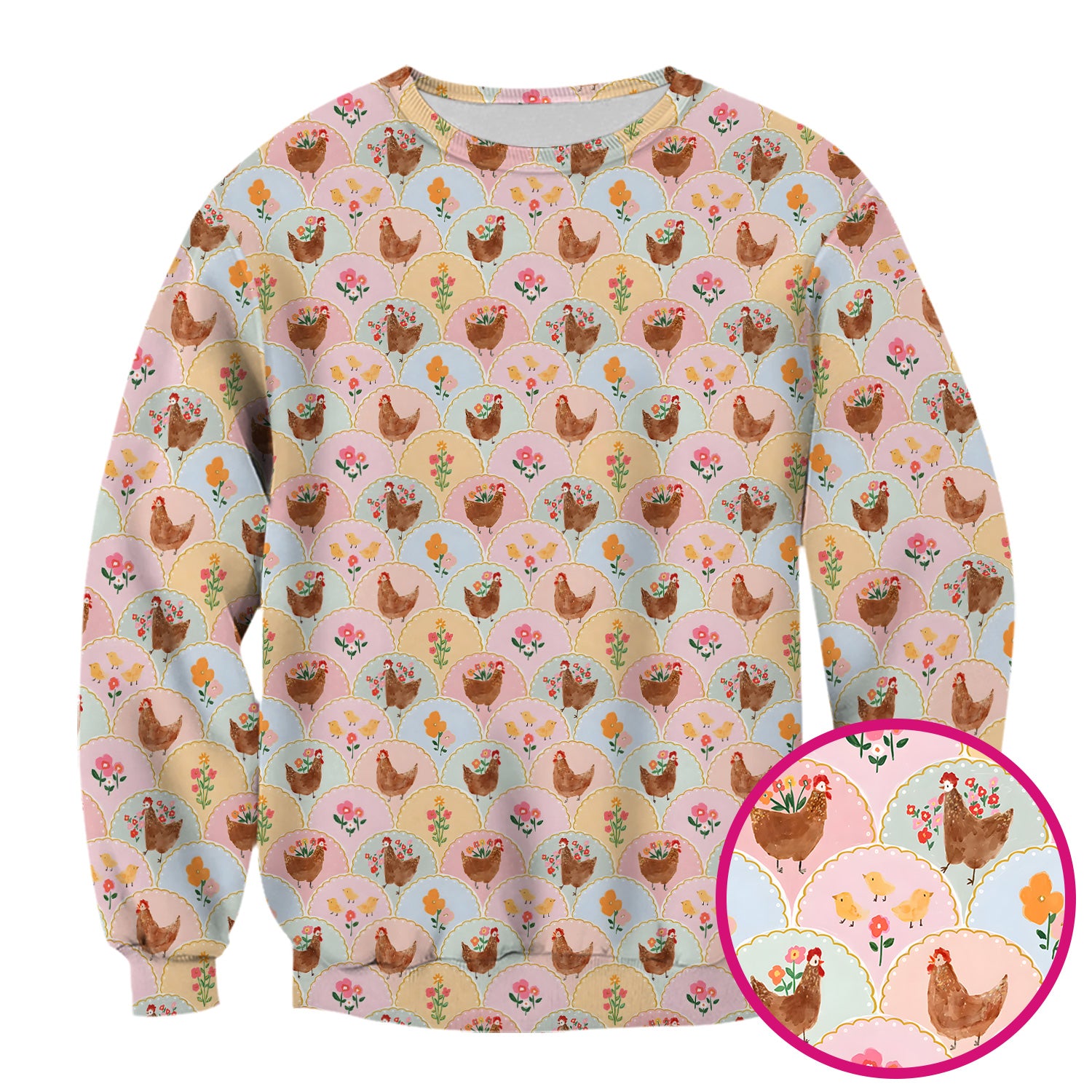 Pastel Chicken With Floral Scrub Top, Cute Chicken Nursing Uniform For Women