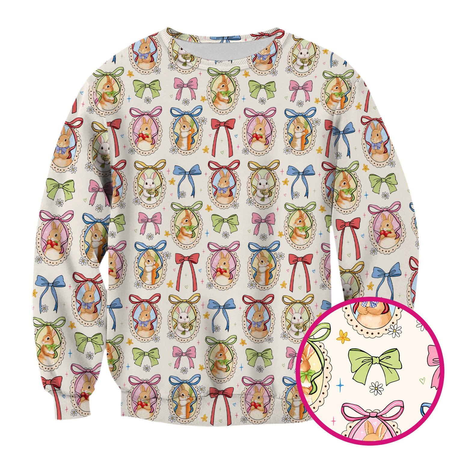 Cute Easter Bunny Cameo Colorful Bow Pattern Scrub Top, Breathable Fabrics Nursing Uniform