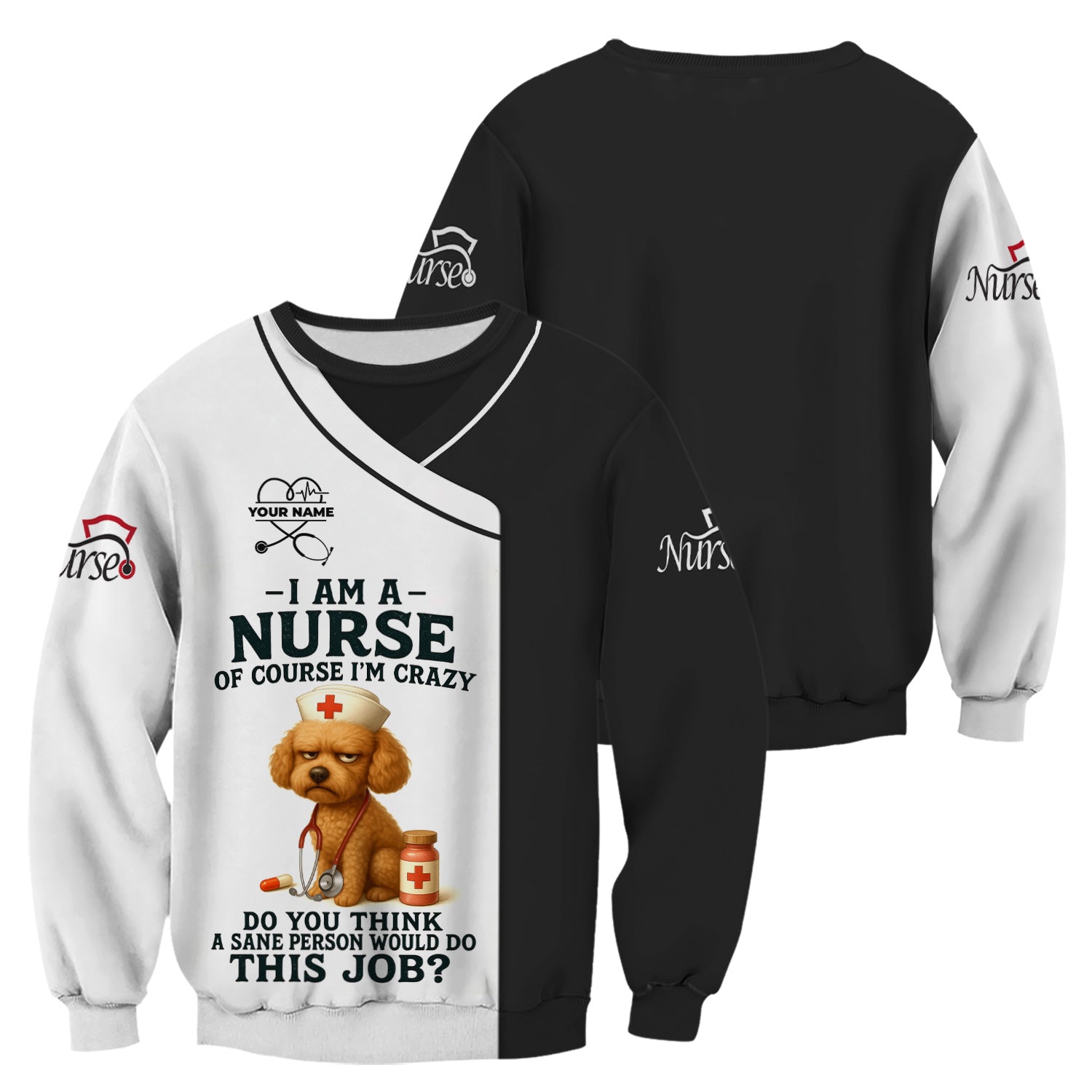 Personalized Nurse Scrub Top for Women RN LPN CNA - Custom Name Funny Grumpy Dog Saying Crazy Nurse Life Quote - Appreciation Gift for Healthcare Workers