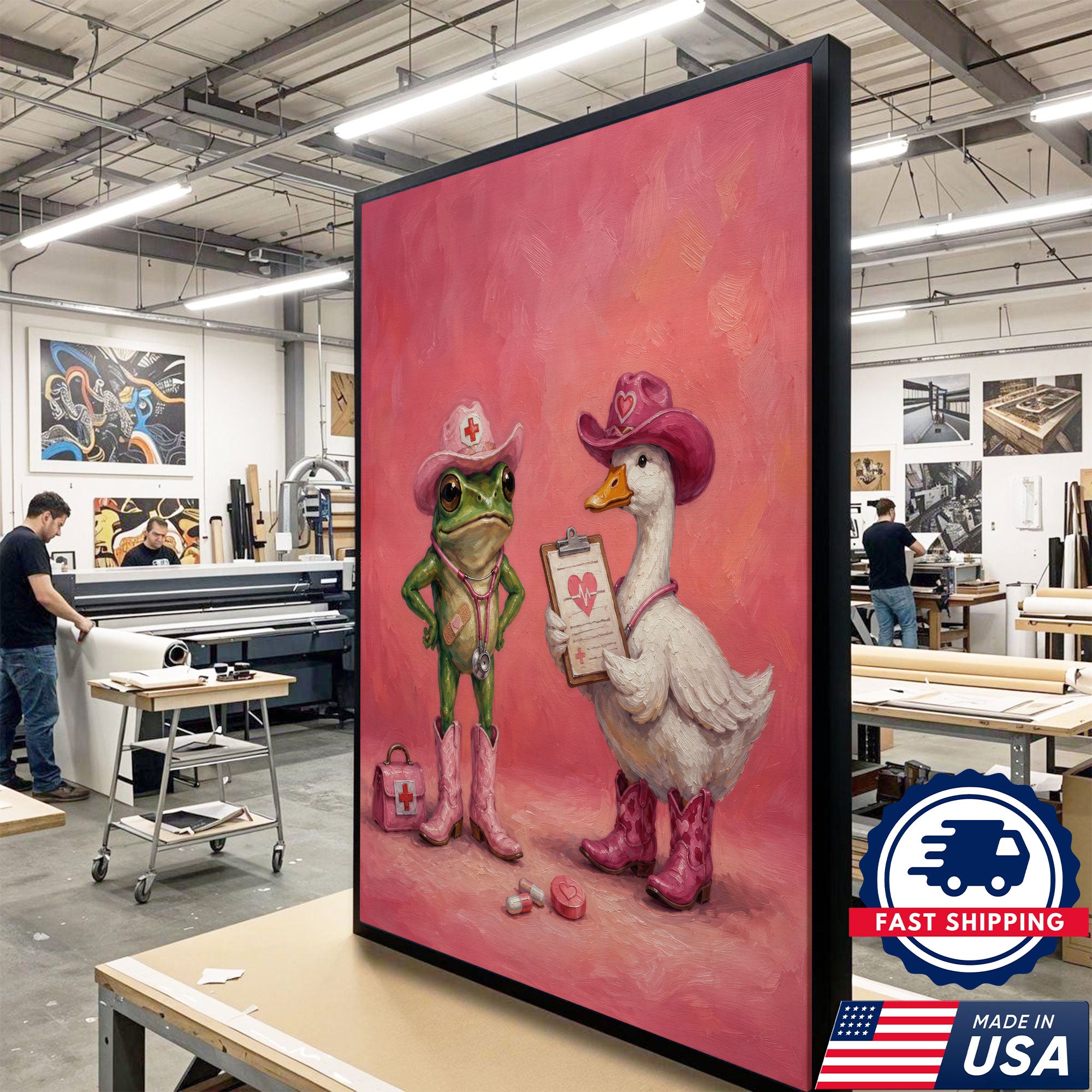 Cute Nurse Frog Duck Cowgirl Canvas Wall Art, Clinic Decor