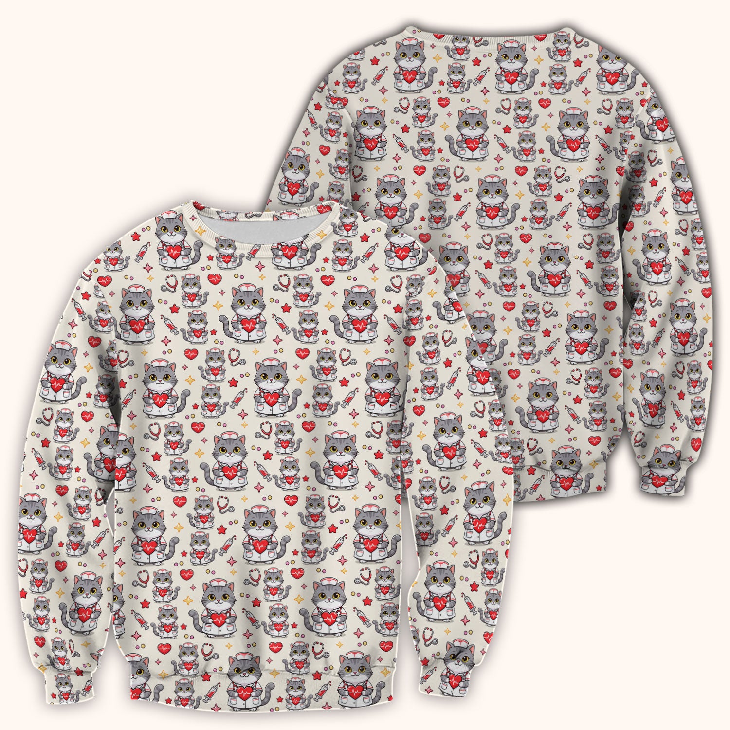 Cute Nurse Cat Heart Medical Print Scrub Top, Comfortable Scrubs for Nurses