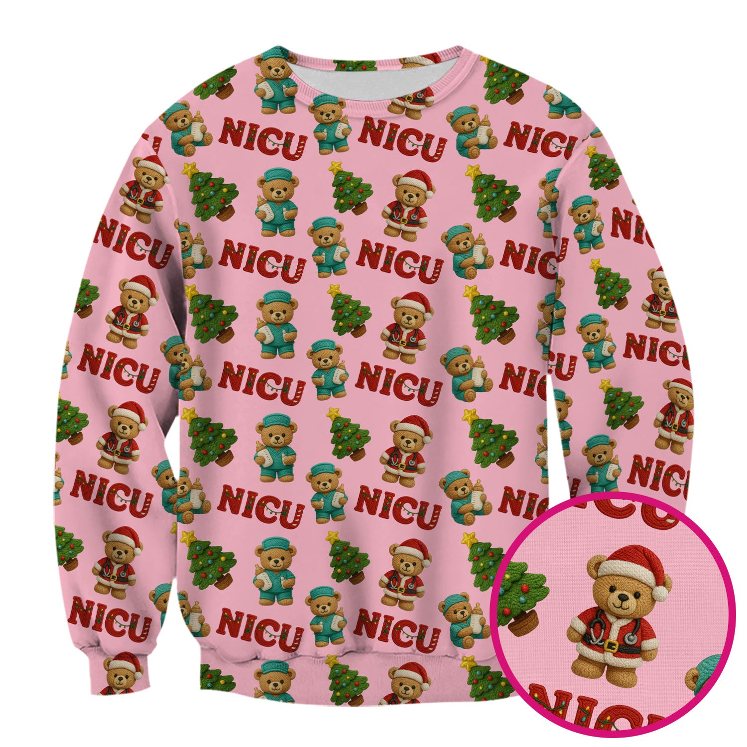 Festive Christmas NICU Nurse Teddy Bear Pattern, Breathable Fabrics Nursing Uniform