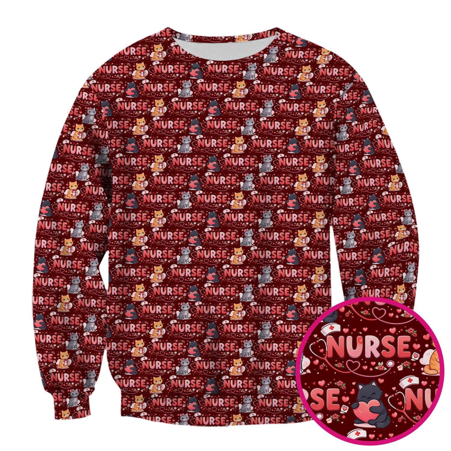 Nurse Cat Heart Pattern Valentine Scrub Top, Comfortable Scrubs for Nurses