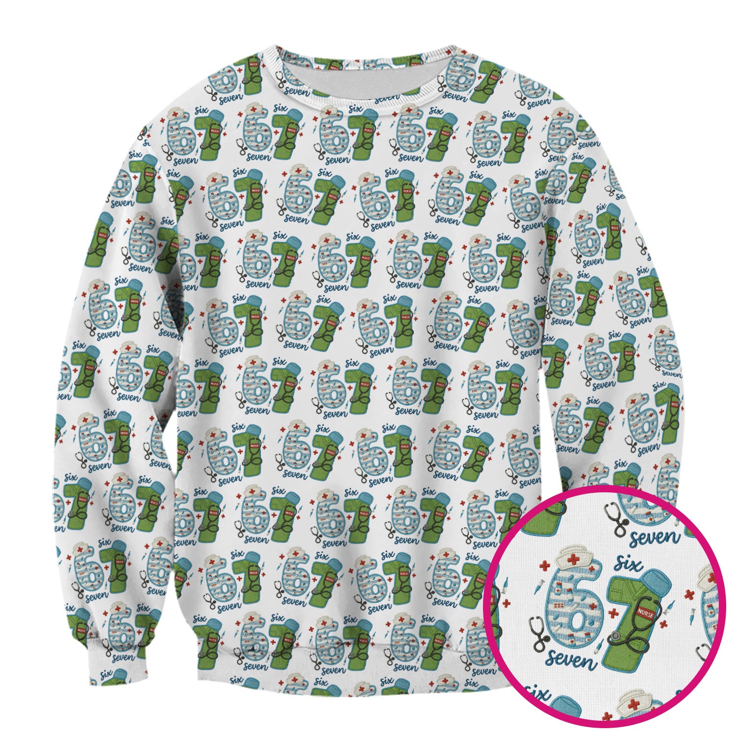 Nurse Six Seven Pattern Scrub Top, Cute Medical Number Print Shirt for Nursing Professionals