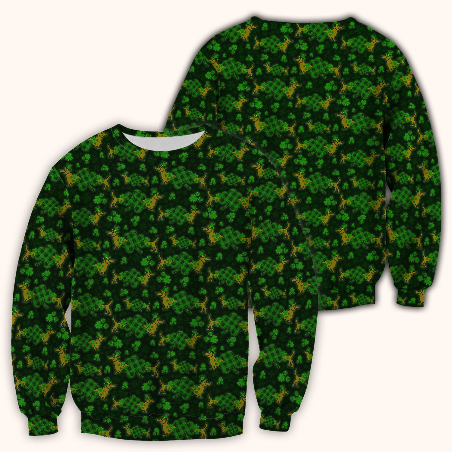St. Patrick’s Day Dachshund Dog Pattern Scrub Top, Lucky Shamrock Puppy Nurse Scrub Shirt, Green Irish Nursing Uniform