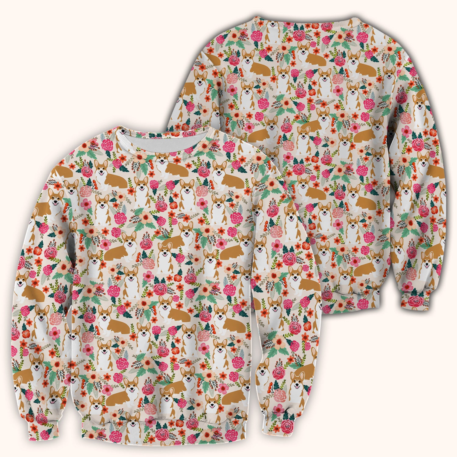 Cute Corgi Dog Floral Garden Pattern Nurse Scrub Top, Comfortable Scrubs for Nurses