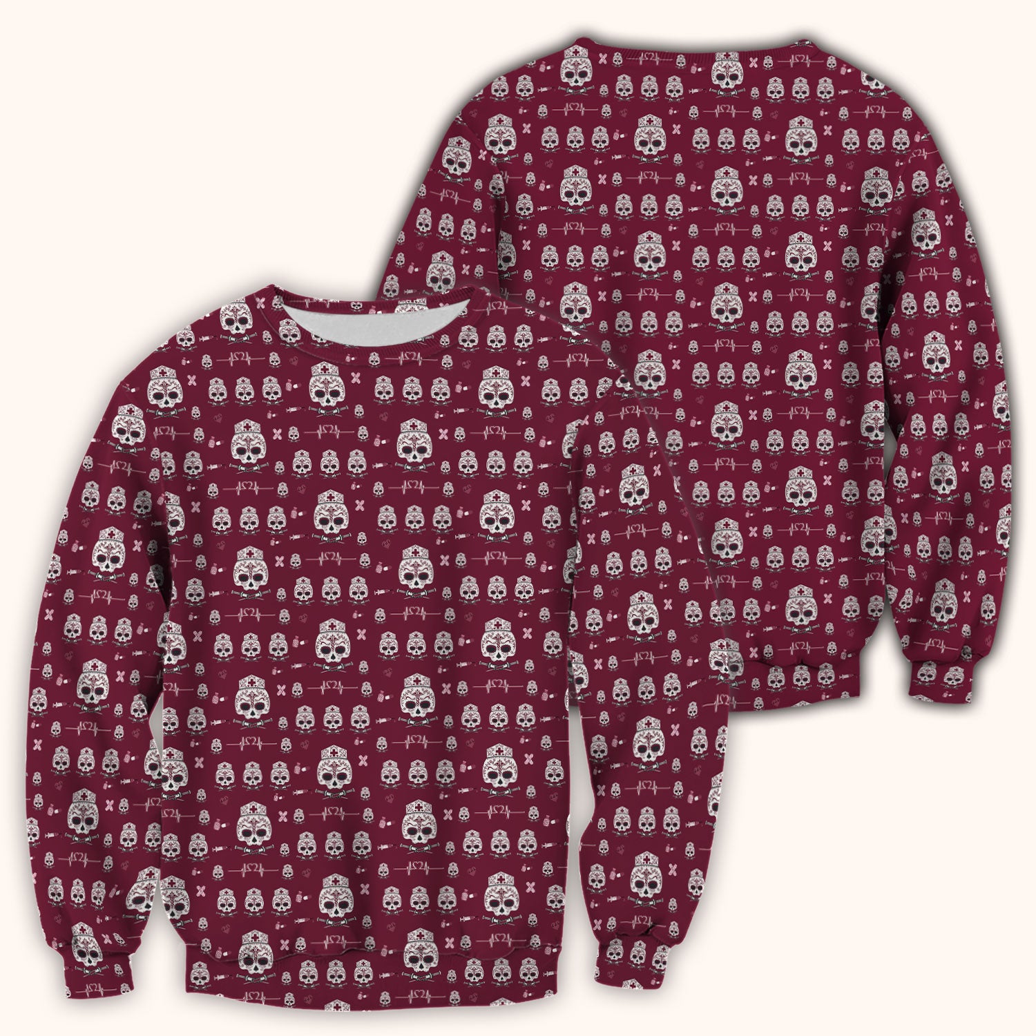 Sugar Skull Scrub Top, Skull Pattern Scrub Shirt, Breathable Fabrics Nursing Uniform