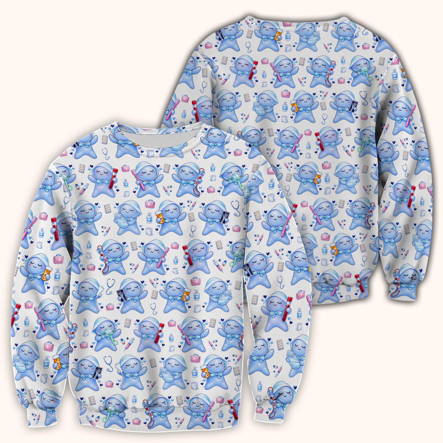 Cute Tooth Character Dental Tools Caring Pattern Scrub Top, Breathable Fabrics Nursing Uniform